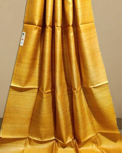 6977-Silkmark Certified Gichcha Tussar Handloom Hand Dyed  Mustard Yellow Plain Saree with Running Blouse