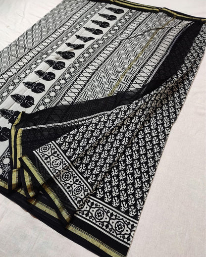 4781-Chanderi Masrise/Mercerised Cotton Silk saree Hand block Print Black and White Colour with running blouse