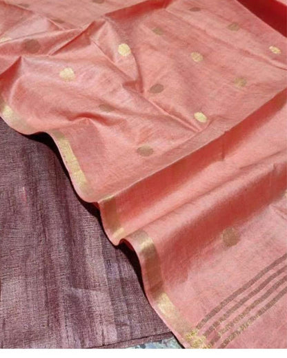 1208-Handloom Pure Katan Silk Orange Dupatta Set with Wine Color  Tussar Silk Top (Silkmark Certified)