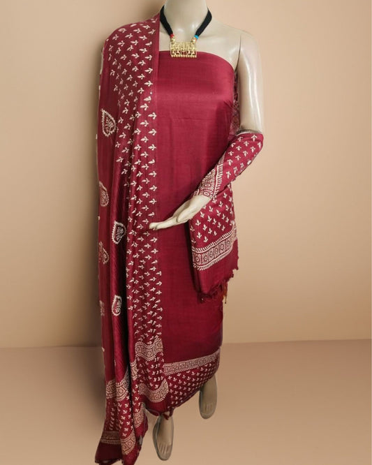 6671-Katan Silk Printed Suit Piece Berry Red Color with Bottom and Dupatta Handcrafted