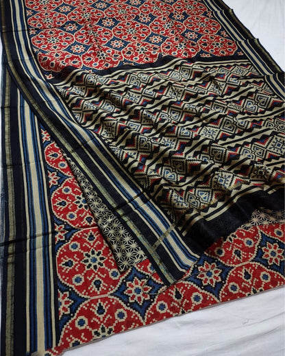 8293-Chanderi Masrise/Mercerised Cotton Silk Patola Print Saree Aubergine Black and Blue Colour with Running Blouse