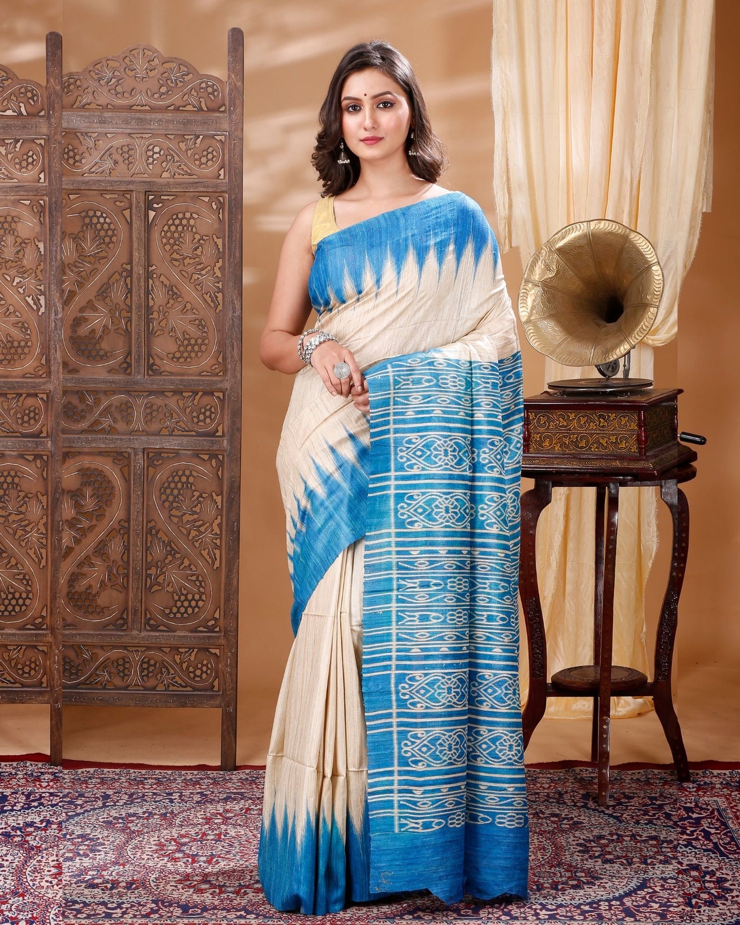 3427-Silkmark Certified Tussar Silk Handloom Handblock Printed Beige Saree with Blouse