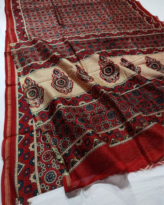 Ajrakh Printed Flame Red Chanderi Silk Saree