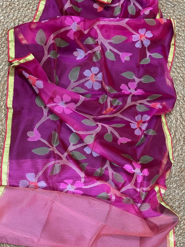 Indiehaat | Pure Muslin Silk Jamdani Saree Pink