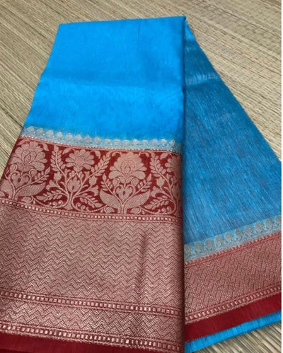 Silk Linen Banarasi Brocade Weaving Handloom Blue Saree with Blouse-Indiehaat