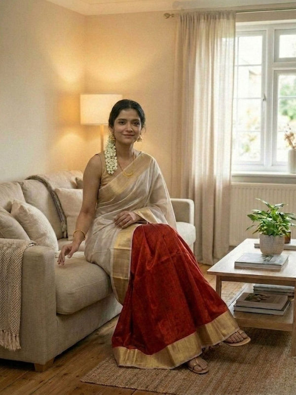 Handloom Kota Silk Beige & Rust Red Saree