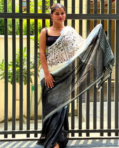Classy Pure Linen Handloom Saree Black & White Embroidered