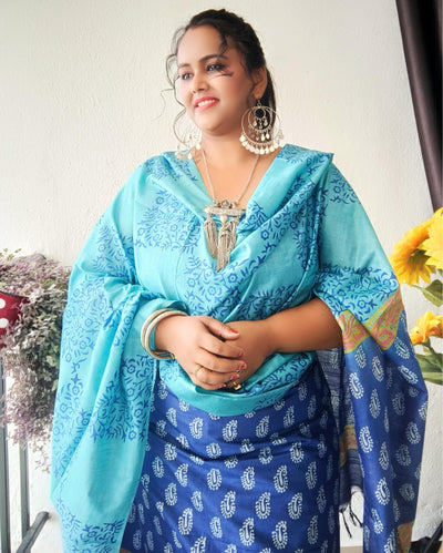 Katan Silk Decorous Blockprint Blue & Green Suit