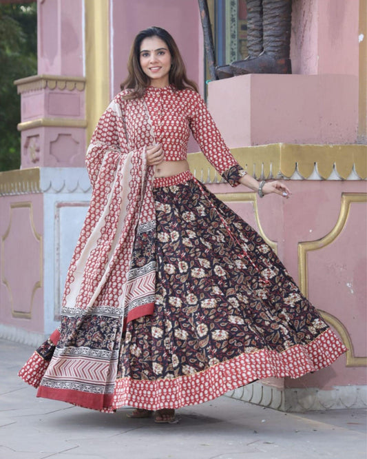 Indiehaat | Cotton Red & Black Lehanga And Top Handblock Print Mulmul Dupatta Ajrakh Dabu Size 34 to 46