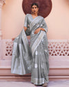 Indiehaat | Silk Linen Banarasi Brocade Gray Saree