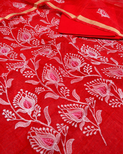 Indiehaat|Kota Doria Embroidered Maroon Suits(Top+Bottom+Dupatta)
