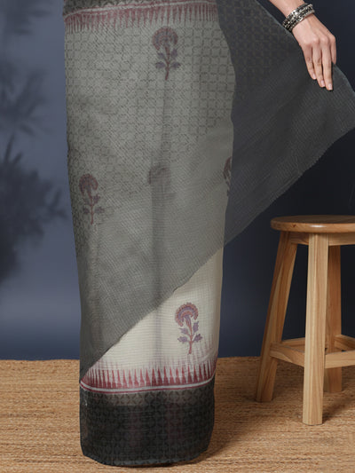 Artistic Kota Doria Blockprinted Black & White Saree