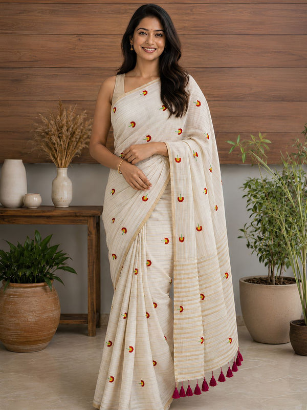 Indiehaat | Mul Cotton Embroidered Saree White
