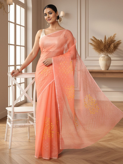 Bold Kota Doria Cotton Bel Embroidery Orange Saree Handdyed