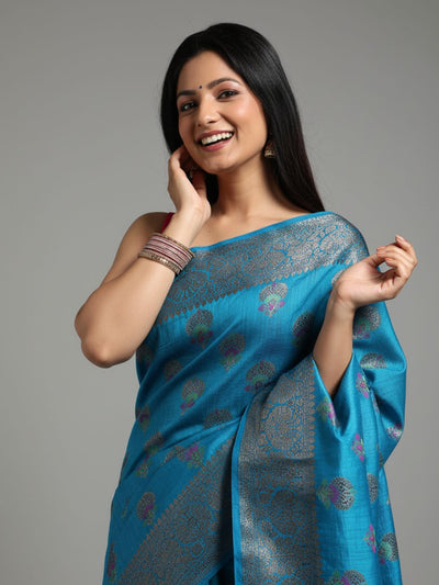 Shop Online Banarasi Muga Tussar Silk Saree in Pacific Blue