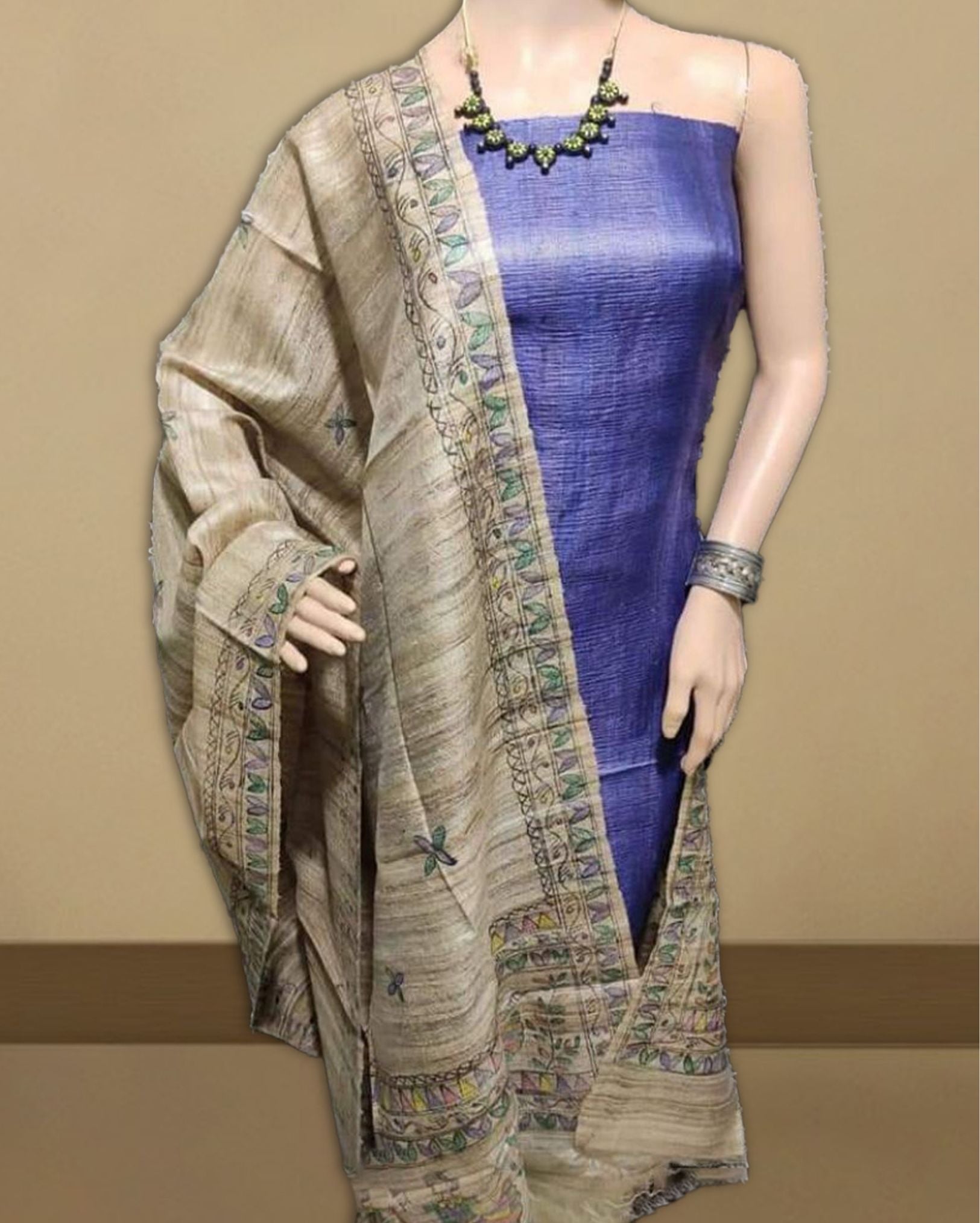 Deep Green Embroidered Tussar Silk Dress Material – Chinaya Banaras