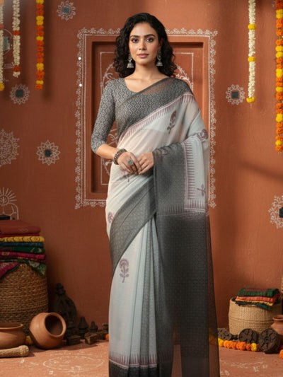 Artistic Kota Doria Blockprinted Black & White Saree