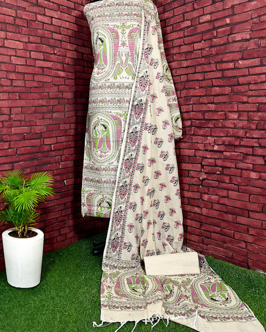 Madhubani Handblock Print Khadi Silk Beige Suit