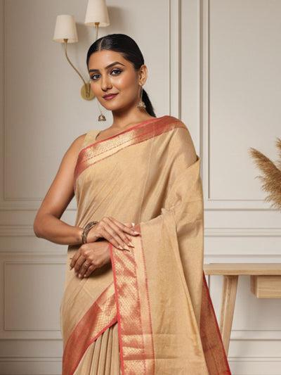 Splendid Maheshwari Tissue Silk Handwoven Saree Golden