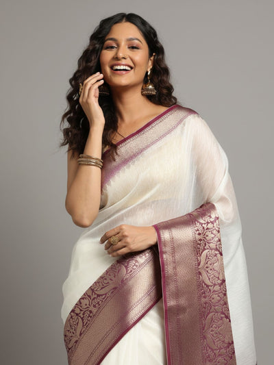 Silk Linen Banarasi Brocade Weaving Handloom White Saree with Blouse-Indiehaat