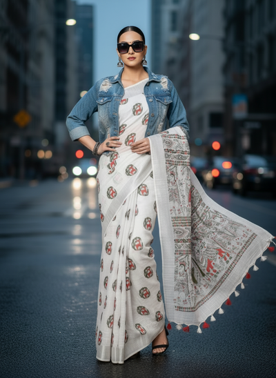 Woman wearing a white saree with red and green patterns in an indoor setting.
