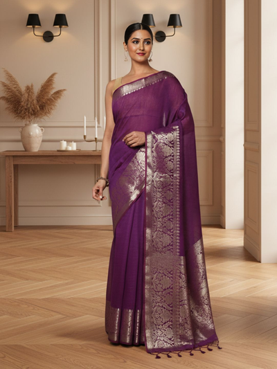 Adorable Banarasi Silk Linen Handloom Purple Saree