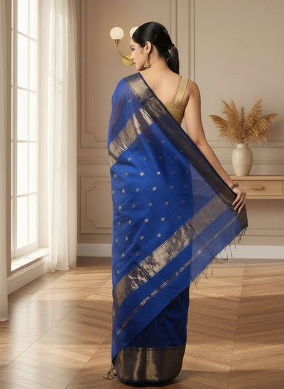 Lucid Maheshwari Pure Silk Butta Body Blue Saree