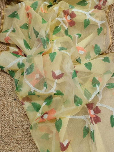Indiehaat | Pure Muslin Silk Jamdani Saree Yellow