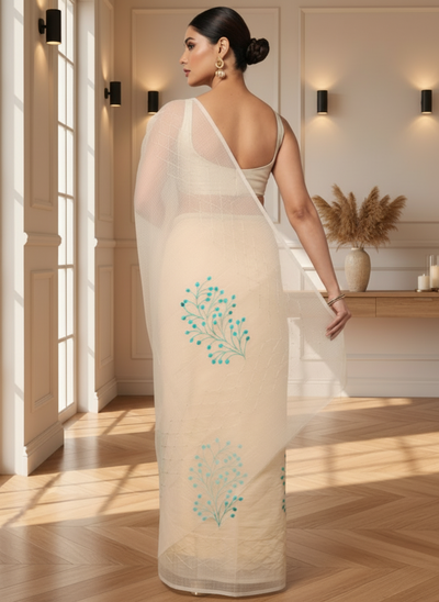 Earthy Kota Doria Cotton Bel Embroidery White Saree Handdyed