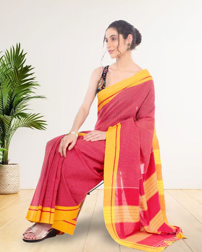 8245-Patteda Anchu Handloom Mark Certified Pure Cotton Red Saree with Running Blouse
