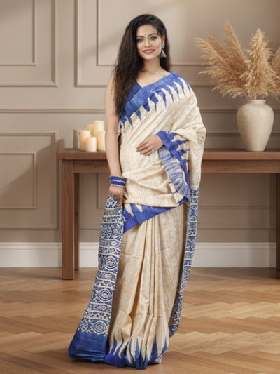 Silkmark Tussar Tranquil Blockprint Biege & Blue Saree