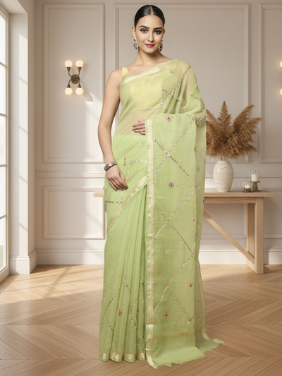 Pankhudi Gota Patti Lime Green Kota Cotton Saree