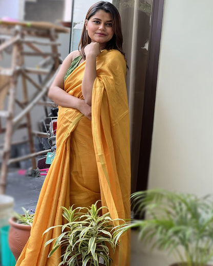 5727-Hand Dyed Pure Tissue Linen Yellow color  Saree With Running Blouse Hand Dyed