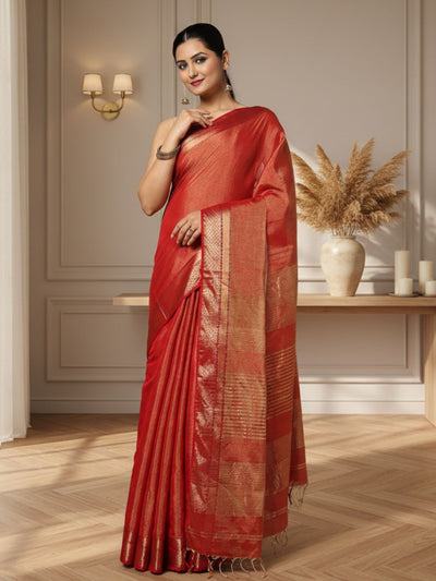 Quaint Maheshwari Tissue Silk Handwoven Saree Red