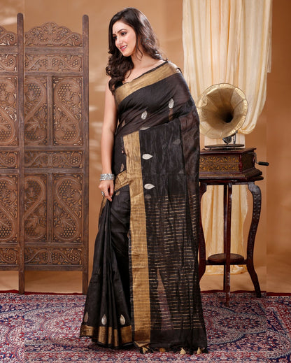 Vivid Silk Linen Black Saree Buta