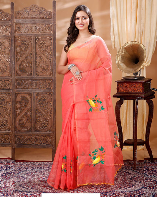 4819-Kota Doria Embroidery Red Saree with blouse Handcrafted