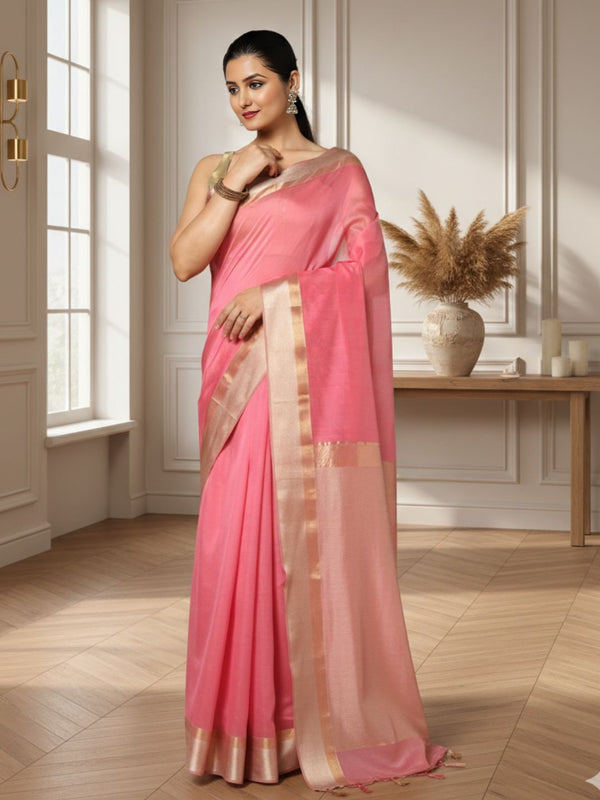 Stunning Pure Maheshwari Silk Allover Checks Dark Pink Saree