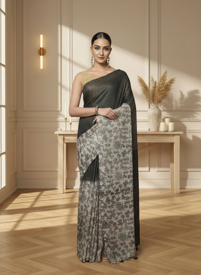 Half Dye Half Print Kota Silk Saree Black & White