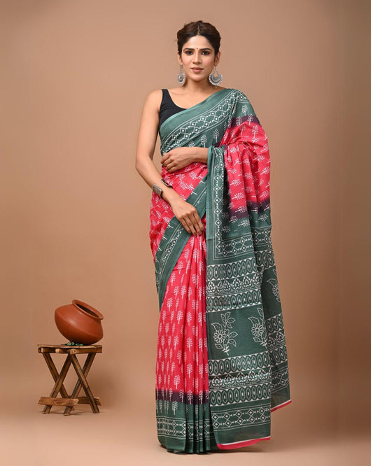 Indiehaat | Pure Mulmul Cotton Saree Red Color Bagru Handblock Print with Running Blouse