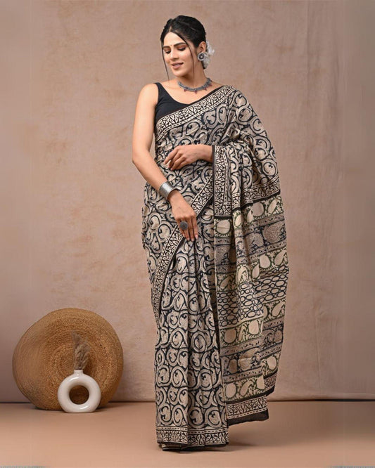 Indiehaat | Mulmul Cotton Saree Beige Color Handblock Printed with Running Blouse