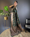 Indiehaat | Soft Silk Paan Triple Zari Woven Green Saree