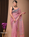 Indiehaat | Blockprinted Kota Doria Pink Saree | Elegant