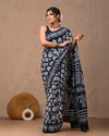 Indiehaat | Pure Mulmul Cotton Saree Dark Blue Color handblock printed with Running Blouse