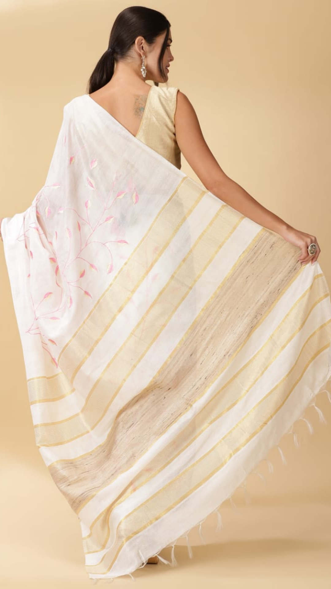 Silkmark Certified Eri Silk Digital Embroidered White Saree with Running Blouse-Indiehaat