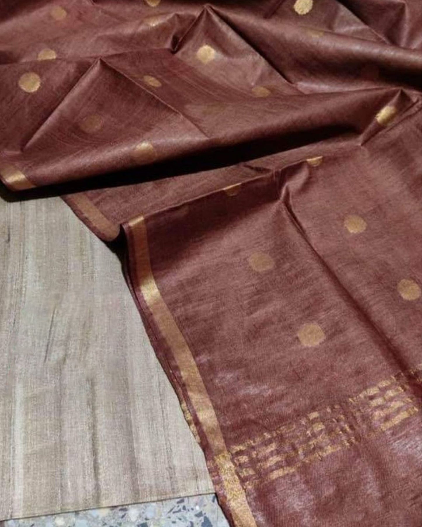5932-Handloom Pure Katan Silk Brown Dupatta Set with Biege Tussar Silk Top (Silkmark Certified)