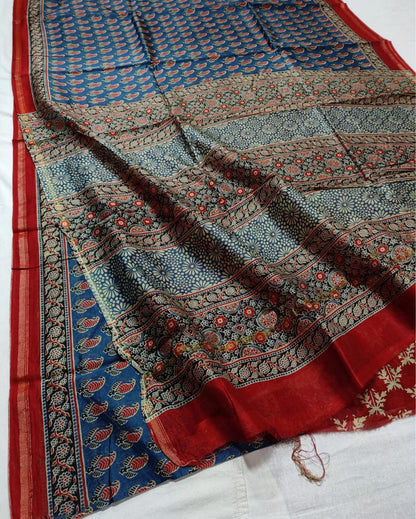 8019-Ajrakh Printed Lochmara Blue Color Chanderi Silk Saree with Running Blouse