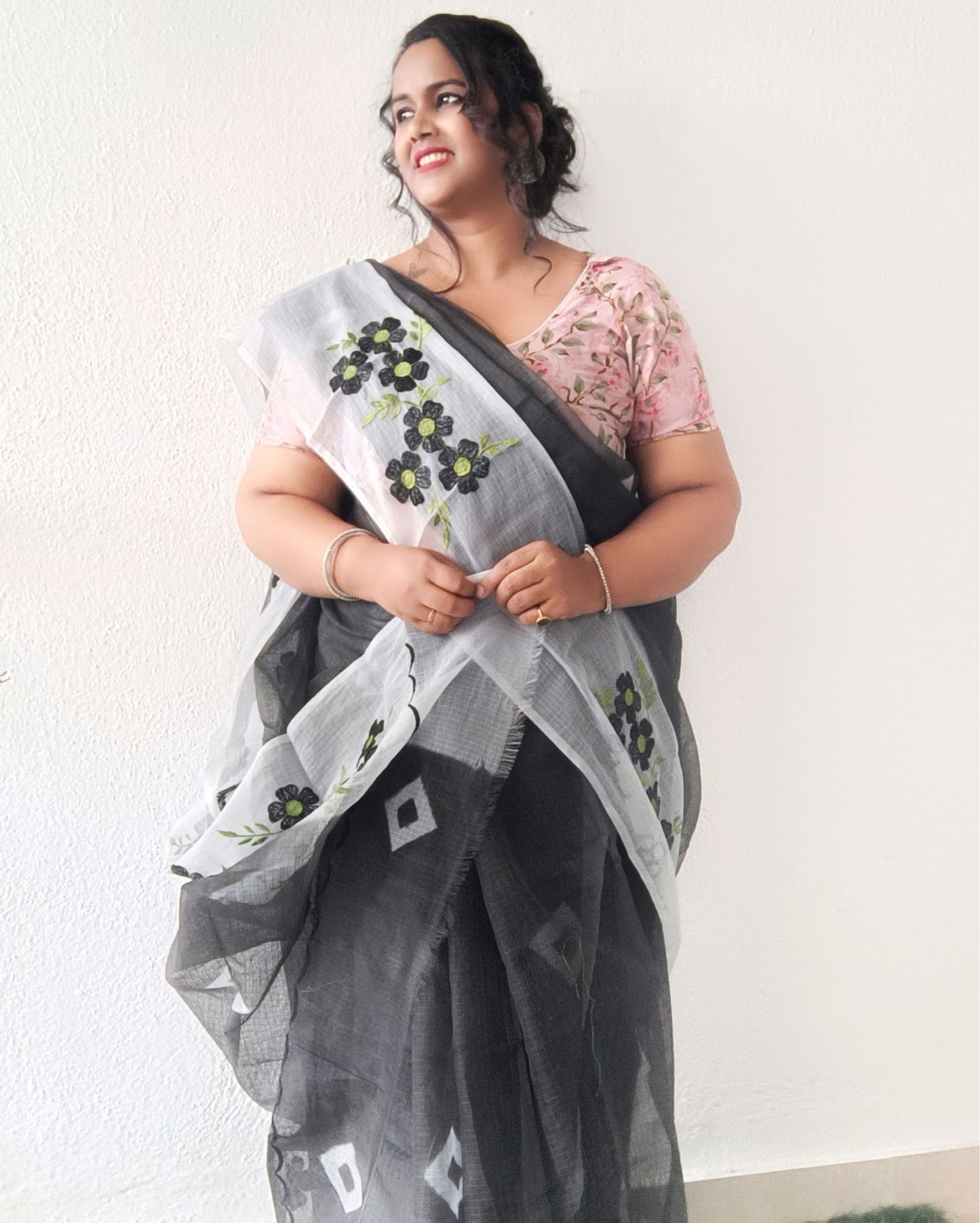 Vibrant Bandhej Kota Doria Embroidery Black Saree Handdyed