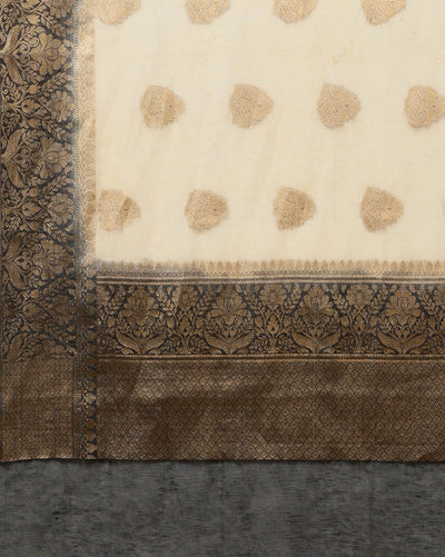 Silk Linen Weaving Design Jacquard Handloom Saree Cream Color with Running Blouse-Indiehaat