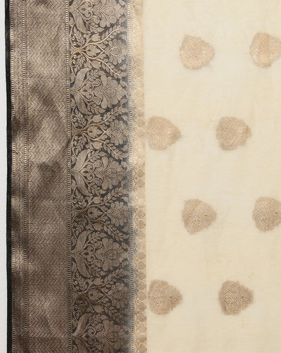 Silk Linen Weaving Design Jacquard Handloom Saree Cream Color with Running Blouse-Indiehaat