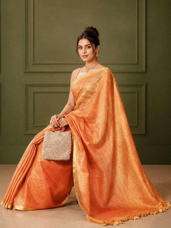 Colorful Pure Tissue Linen Handdyed Saree Orange